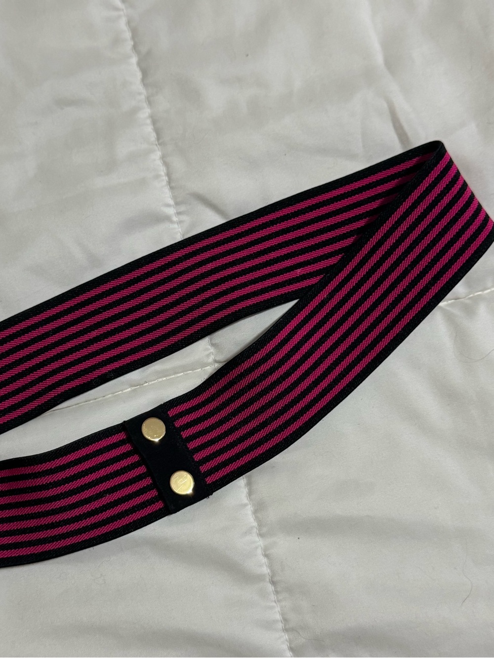 Diane Von Furstenberg Pink and Black Striped Elastic Waist Belt with Gold Snaps
